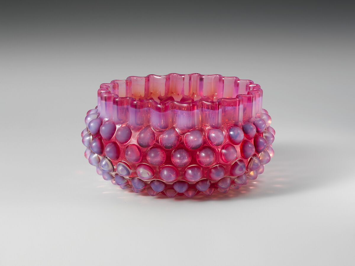 Hobnail Finger Bowl, Probably Hobbs, Brockunier and Company (1863–1891), Pressed cranberry and opalescent glass, American 