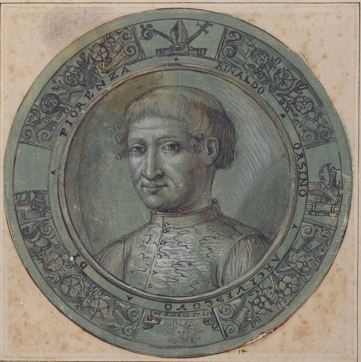 Portrait of Rinaldo Orsino, Archbishop of Florence (1474–1508), Bernardino Capitelli (Italian, Siena 1590–1639), Pen and dark brown ink, brush and brown wash, highlighted with white gouache, over traces of red chalk, on green prepared paper