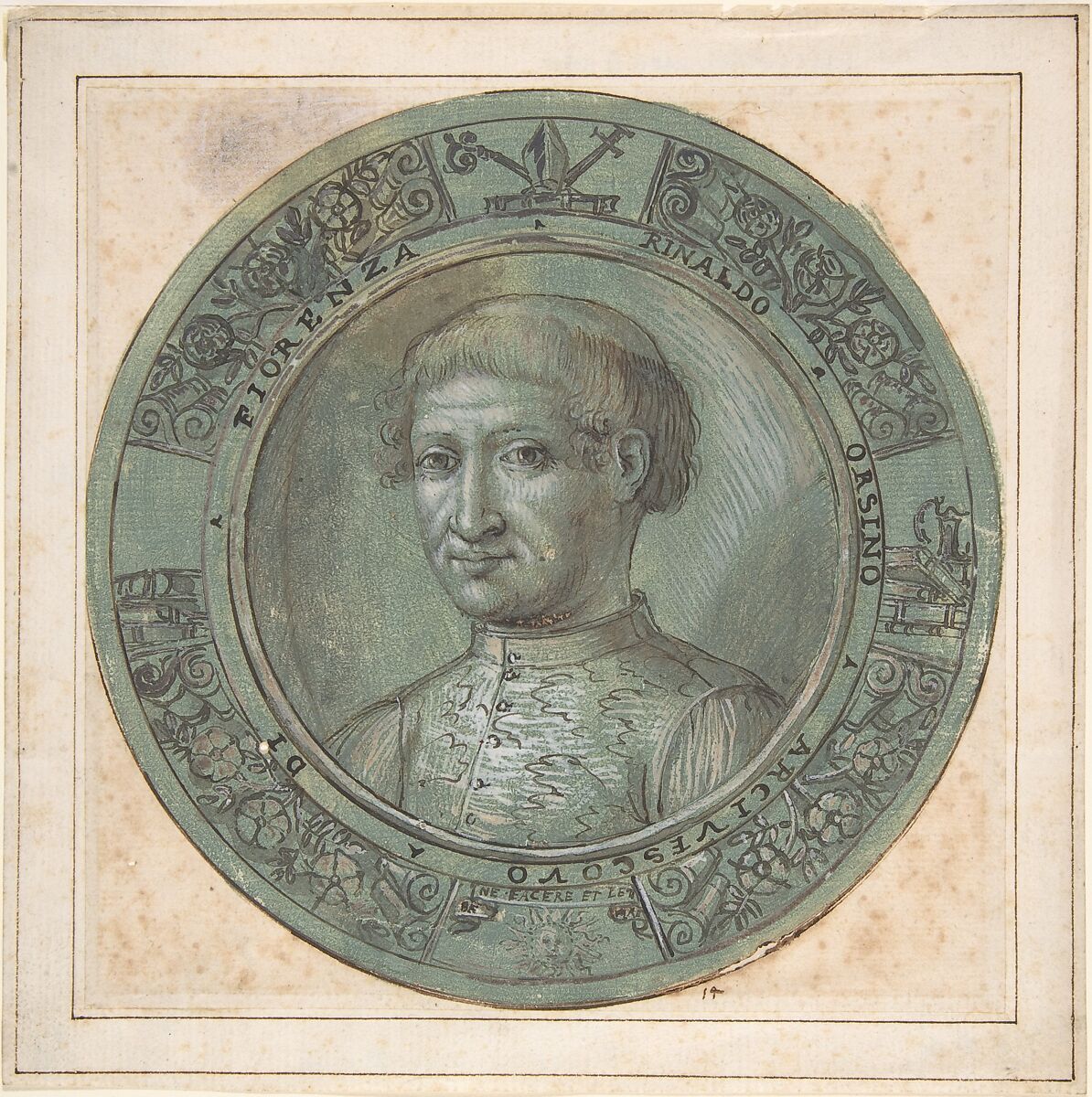 Portrait of Rinaldo Orsino, Archbishop of Florence (1474–1508), Bernardino Capitelli (Italian, Siena, 1590–1639), Pen and dark brown ink, brush and brown wash, highlighted with white gouache, over traces of red chalk, on green prepared paper 