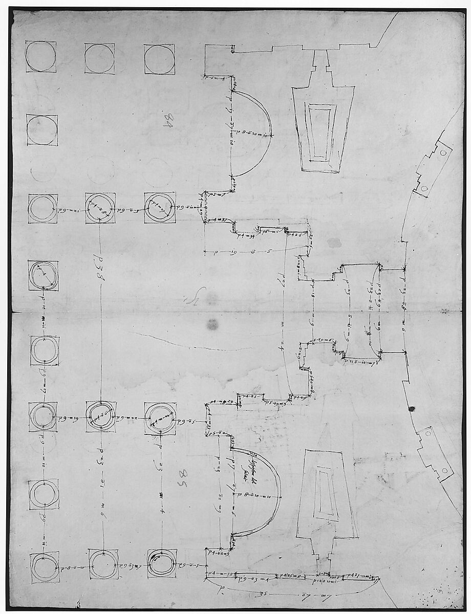 Pantheon, portico,  plan (recto) Pantheon, portico, details and perspective (verso), Drawn by Anonymous, French, 16th century, Dark brown ink, black chalk, and incised lines