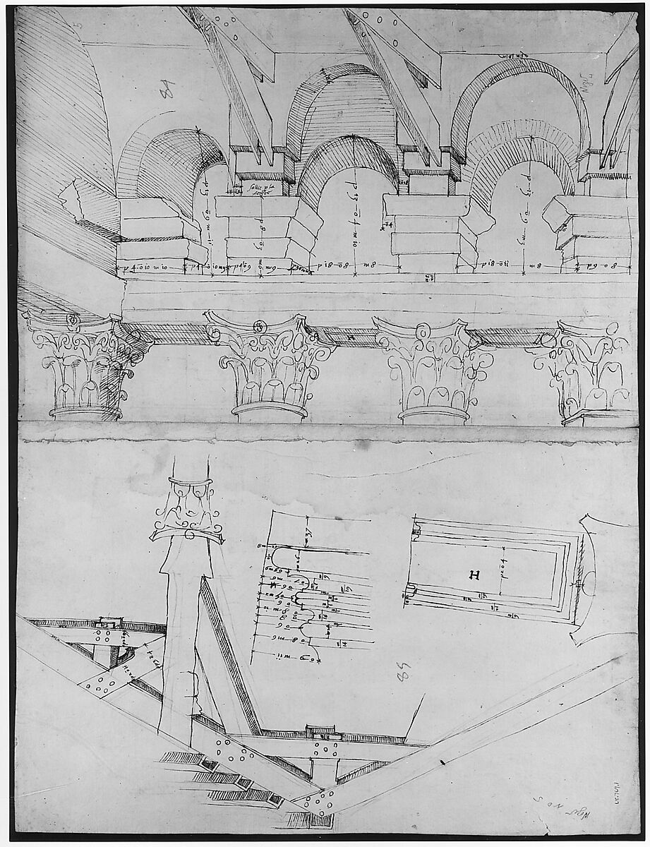 Pantheon, portico,  plan (recto) Pantheon, portico, details and perspective (verso), Drawn by Anonymous, French, 16th century, Dark brown ink, black chalk, and incised lines