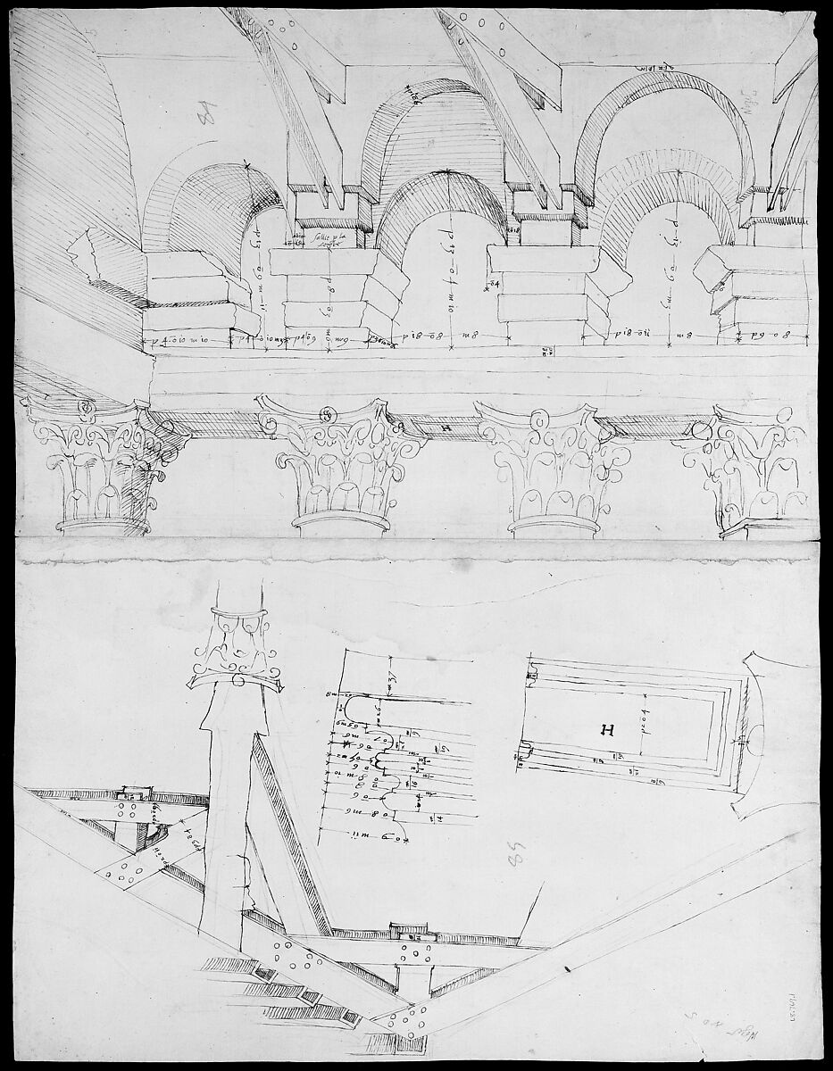 Pantheon, portico,  plan (recto) Pantheon, portico, details and perspective (verso), Drawn by Anonymous, French, 16th century, Dark brown ink, black chalk, and incised lines