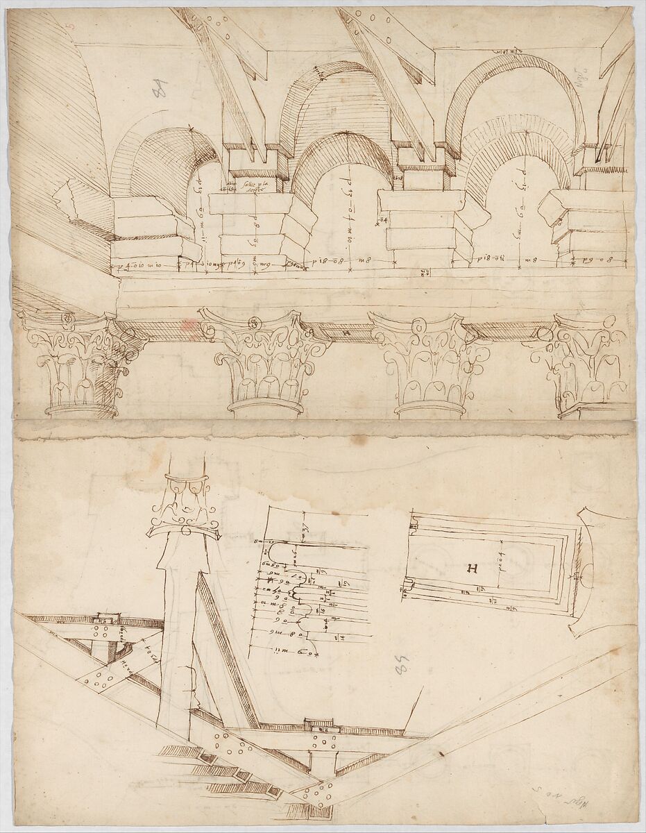 Pantheon, portico,  plan (recto) Pantheon, portico, details and perspective (verso), Drawn by Anonymous, French, 16th century, Dark brown ink, black chalk, and incised lines 