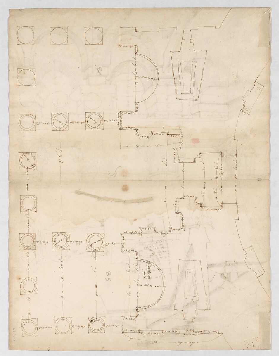 Pantheon, portico,  plan (recto) Pantheon, portico, details and perspective (verso), Drawn by Anonymous, French, 16th century, Dark brown ink, black chalk, and incised lines