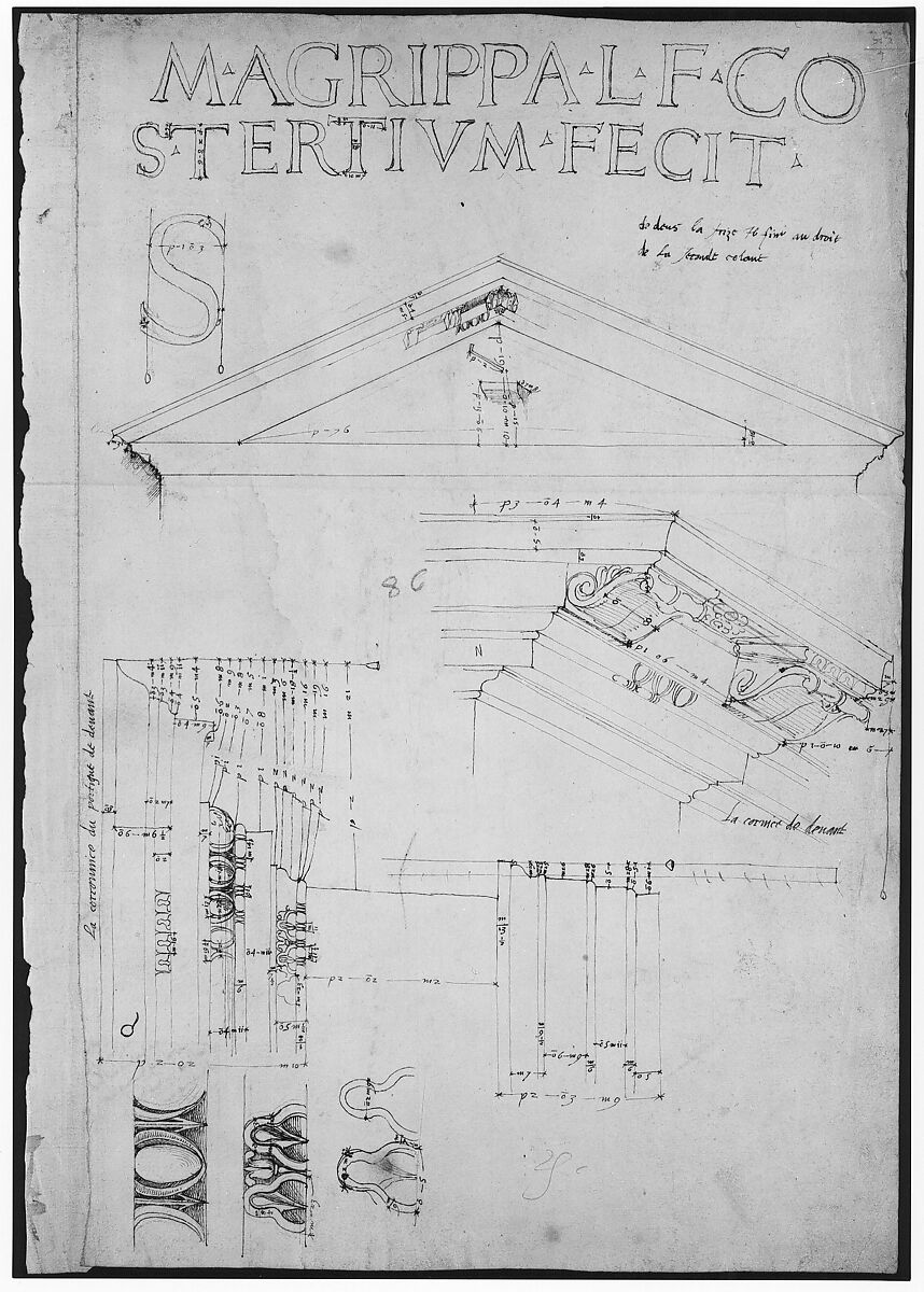 Pantheon, pediment details (recto) Pantheon, pilaster capital profile and projected elevation, column diagram, bronze door detail (verso), Drawn by Anonymous, French, 16th century, Dark brown ink, black chalk, and incised lines