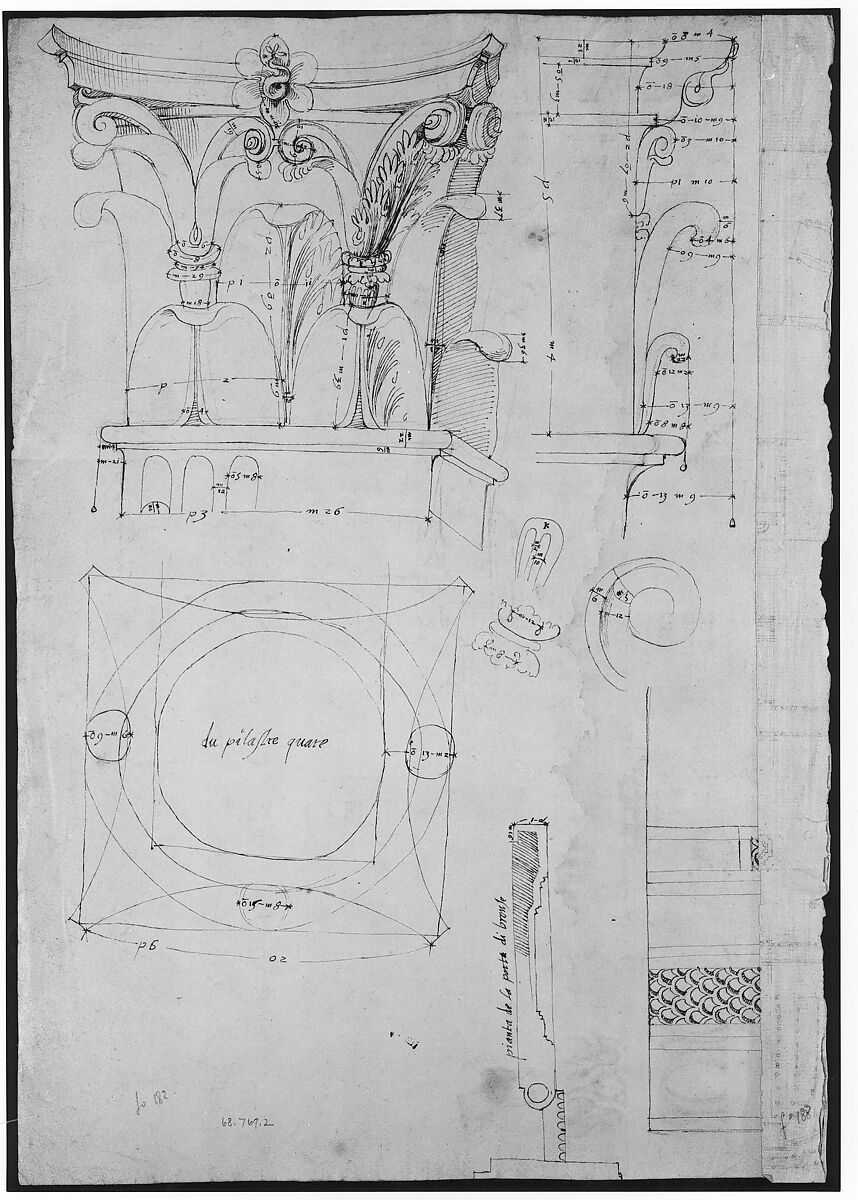 Pantheon, pediment details (recto) Pantheon, pilaster capital profile and projected elevation, column diagram, bronze door detail (verso), Drawn by Anonymous, French, 16th century, Dark brown ink, black chalk, and incised lines
