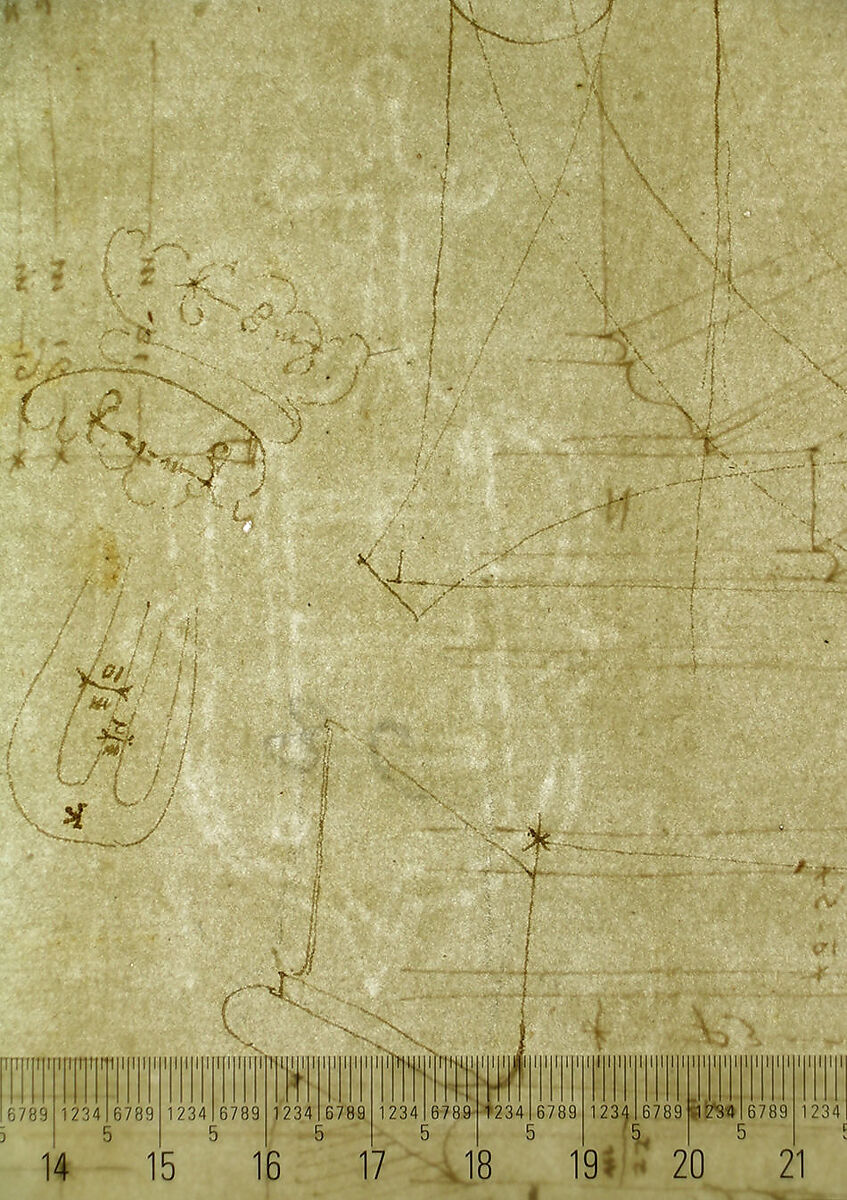 Pantheon, pediment details (recto) Pantheon, pilaster capital profile and projected elevation, column diagram, bronze door detail (verso), Drawn by Anonymous, French, 16th century, Dark brown ink, black chalk, and incised lines