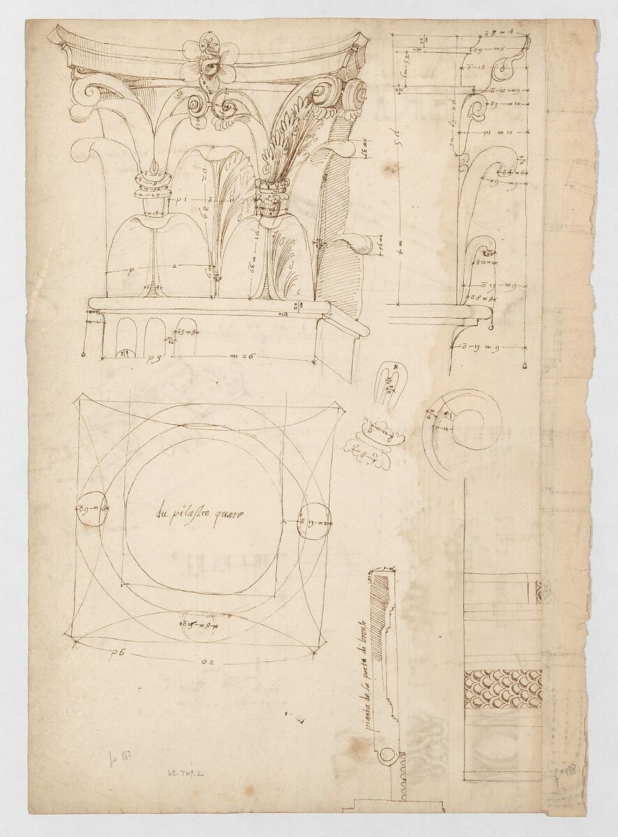Pantheon, pediment details (recto) Pantheon, pilaster capital profile and projected elevation, column diagram, bronze door detail (verso), Drawn by Anonymous, French, 16th century, Dark brown ink, black chalk, and incised lines