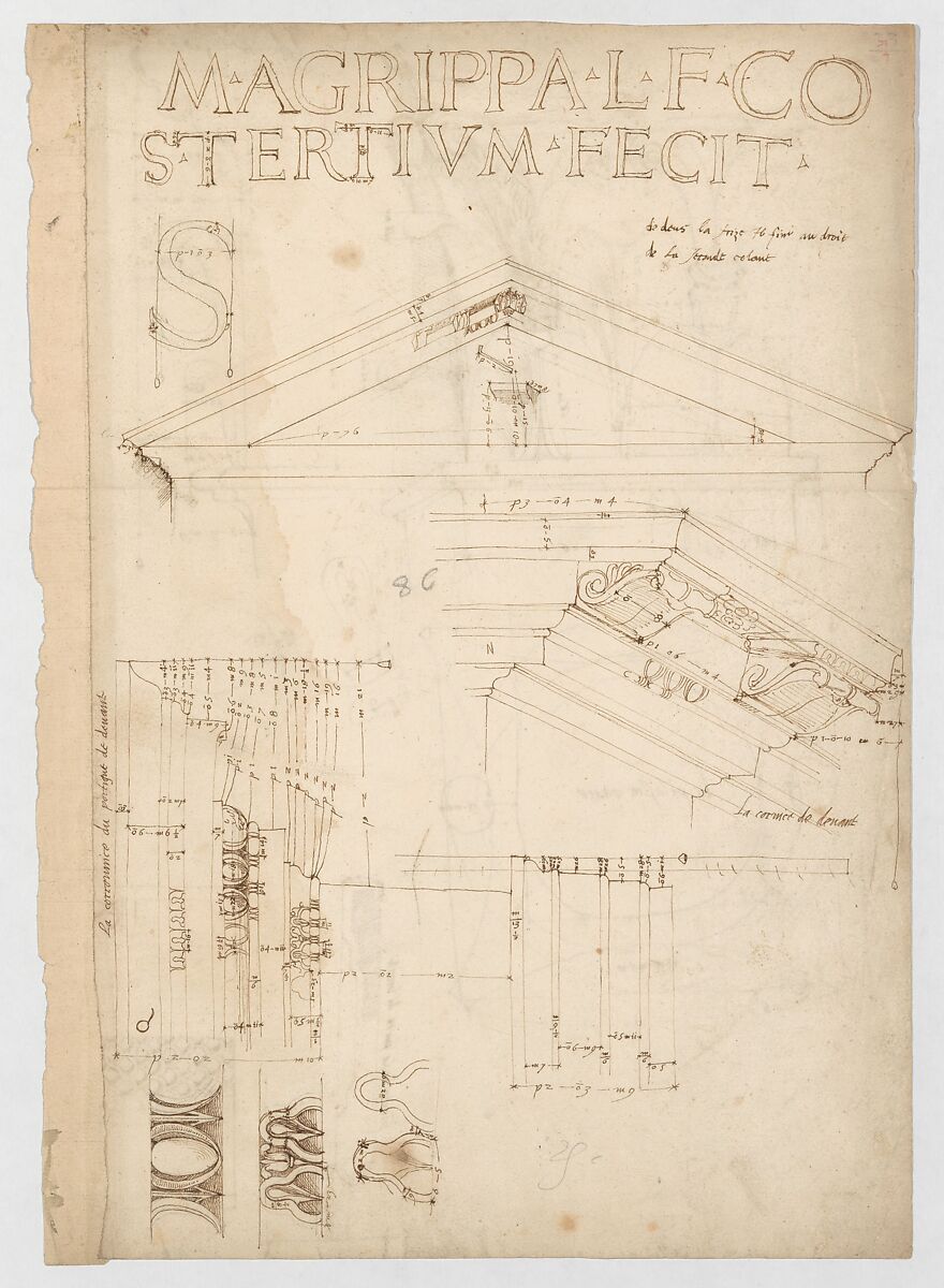 Pantheon, pediment details (recto) Pantheon, pilaster capital profile and projected elevation, column diagram, bronze door detail (verso), Drawn by Anonymous, French, 16th century, Dark brown ink, black chalk, and incised lines 