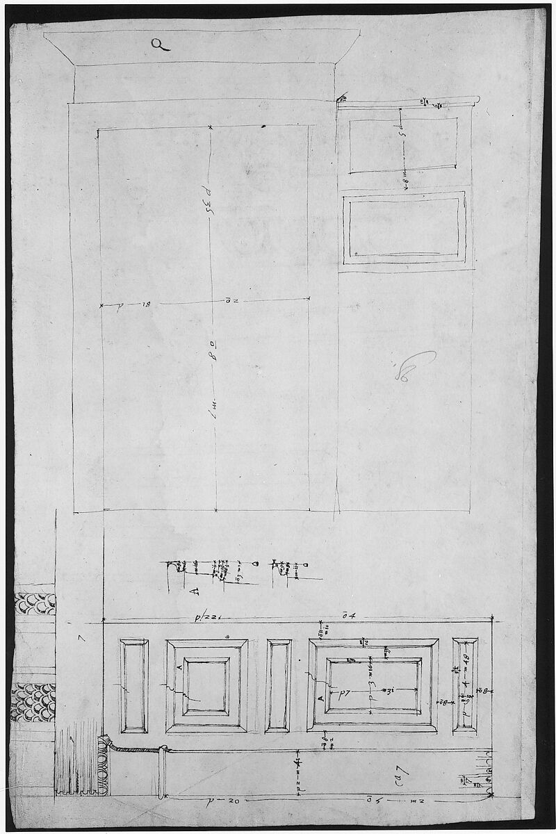 Pantheon, door elevation and details (recto) Pantheon, pilaster capital profile and projected elevation, column diagram, bronze door detail (verso), Drawn by Anonymous, French, 16th century, Dark brown ink, black chalk, and incised lines