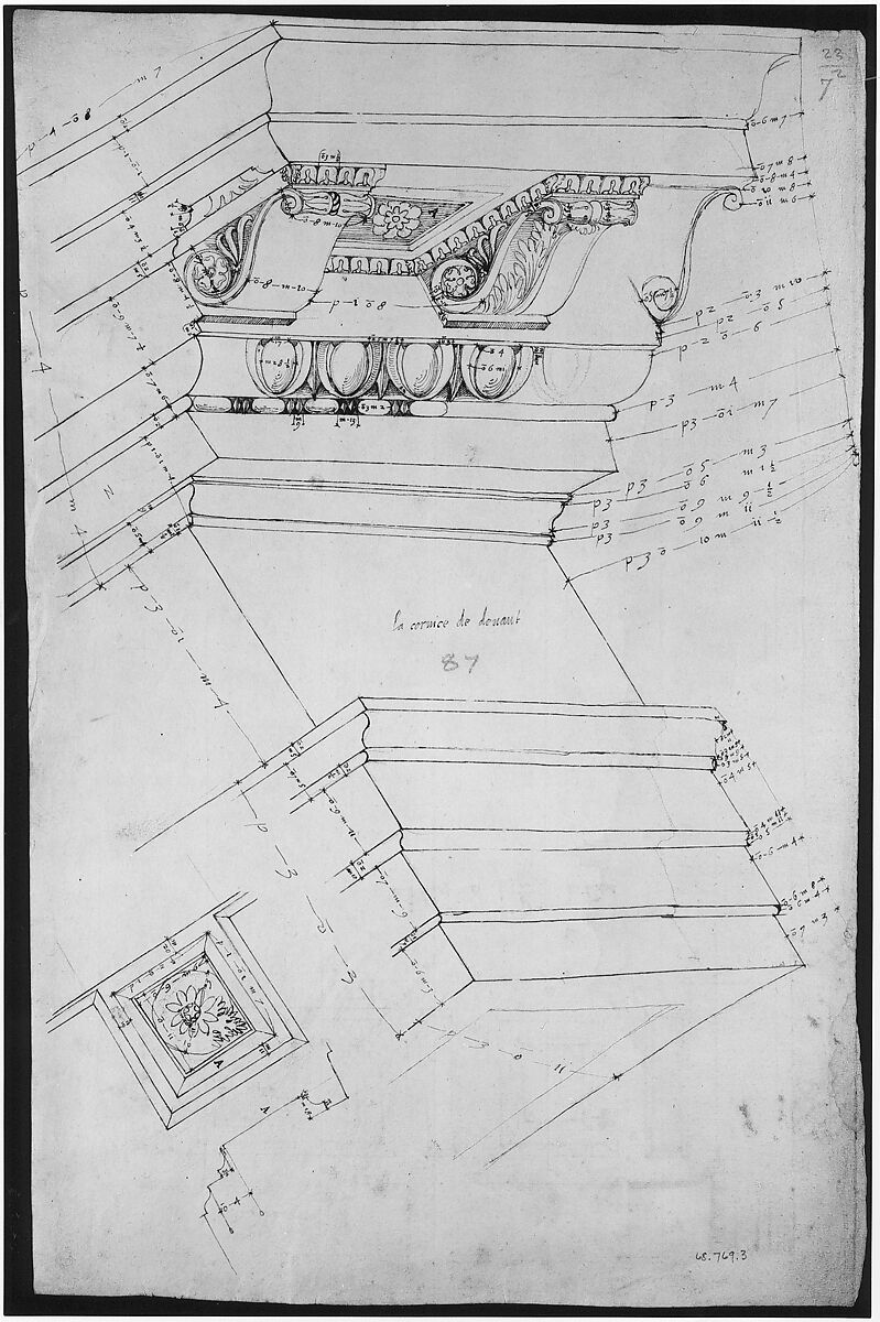 Pantheon, door elevation and details (recto) Pantheon, pilaster capital profile and projected elevation, column diagram, bronze door detail (verso), Drawn by Anonymous, French, 16th century, Dark brown ink, black chalk, and incised lines