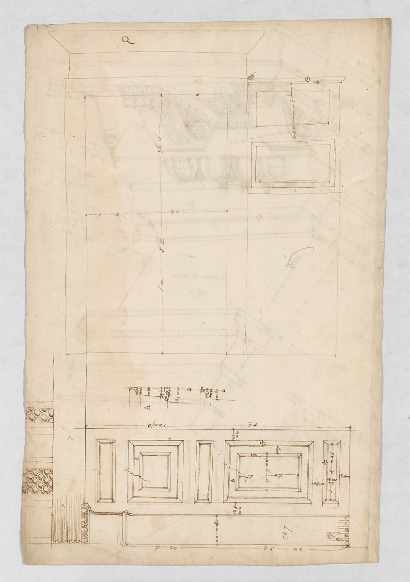 Pantheon, door elevation and details (recto) Pantheon, pilaster capital profile and projected elevation, column diagram, bronze door detail (verso), Anonymous, French, 16th century  French, Dark brown ink, black chalk, and incised lines
