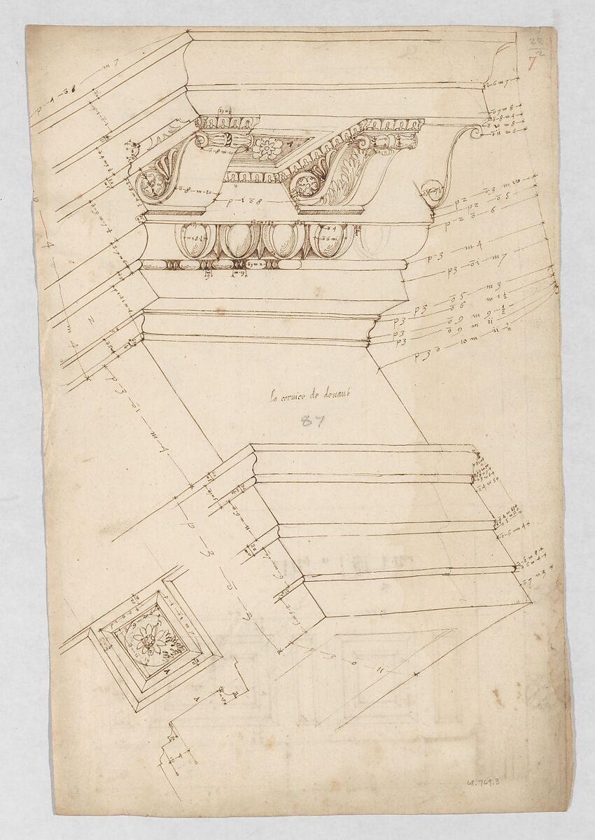 Pantheon, door elevation and details (recto) Pantheon, pilaster capital profile and projected elevation, column diagram, bronze door detail (verso), Drawn by Anonymous, French, 16th century, Dark brown ink, black chalk, and incised lines
