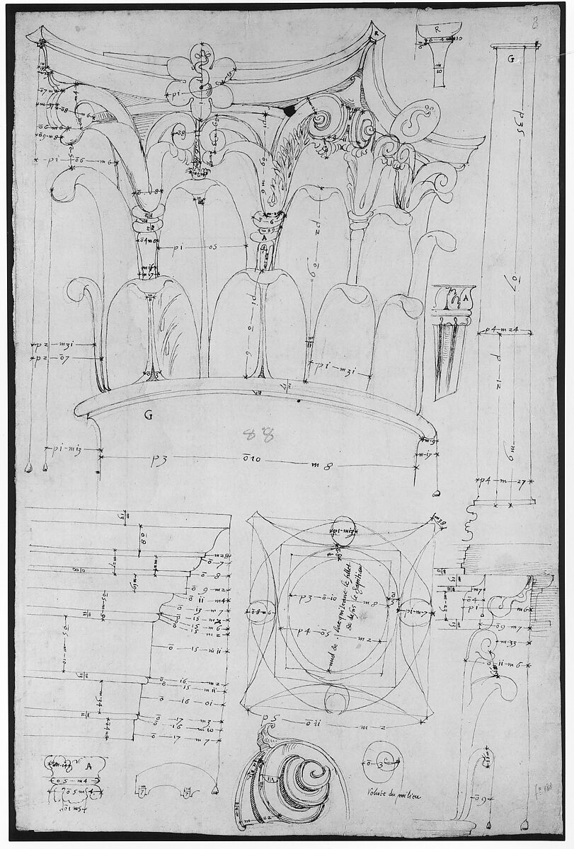 Pantheon, portico, Corinthian column capital, projection, plan, and details; column shaft, profile; beam architrave, elevation (recto) Pantheon, cella, perspective, details; vault, details; portal, interior, cornice, profile (verso), Drawn by Anonymous, French, 16th century, Dark brown ink, black chalk, and incised lines