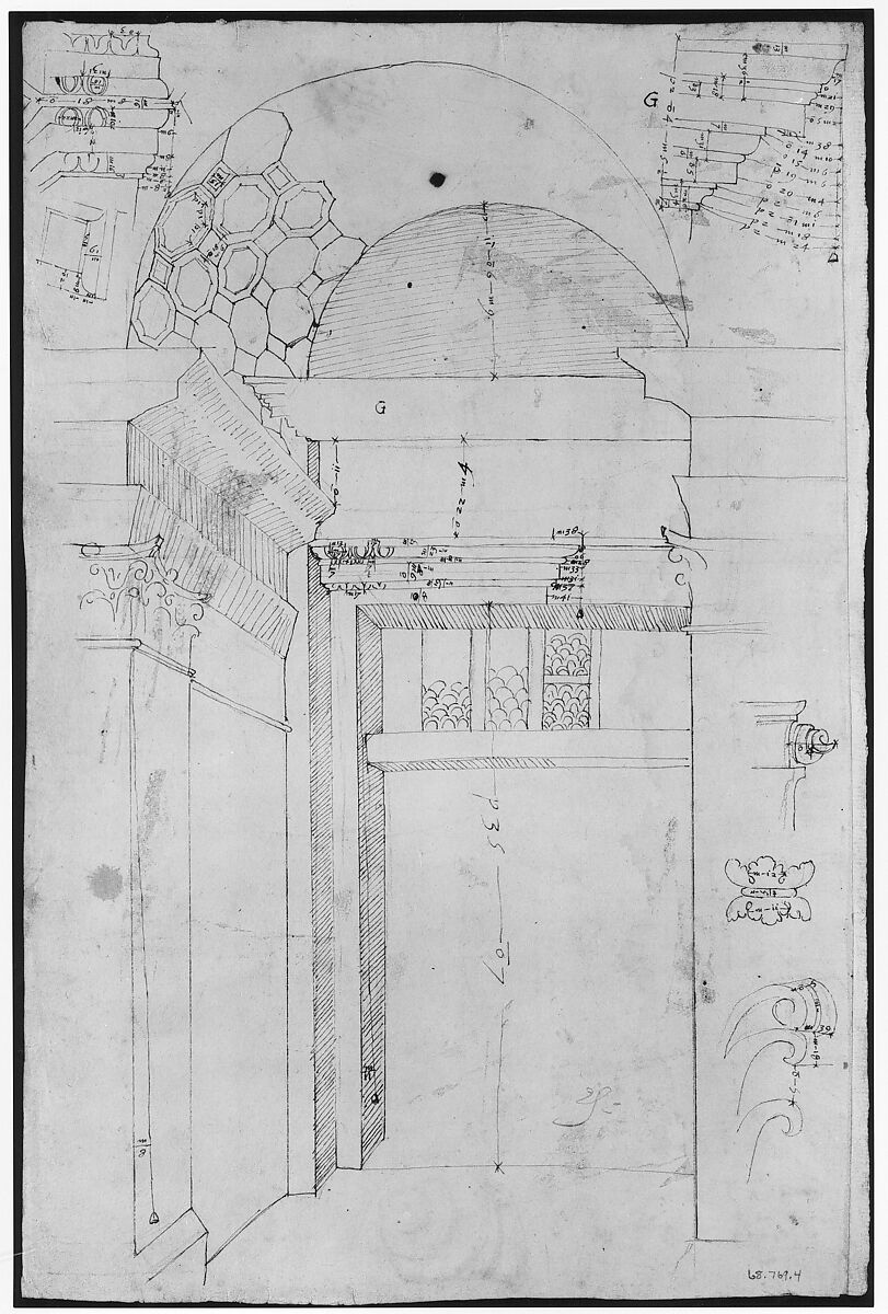 Pantheon, portico, Corinthian column capital, projection, plan, and details; column shaft, profile; beam architrave, elevation (recto) Pantheon, cella, perspective, details; vault, details; portal, interior, cornice, profile (verso), Drawn by Anonymous, French, 16th century, Dark brown ink, black chalk, and incised lines