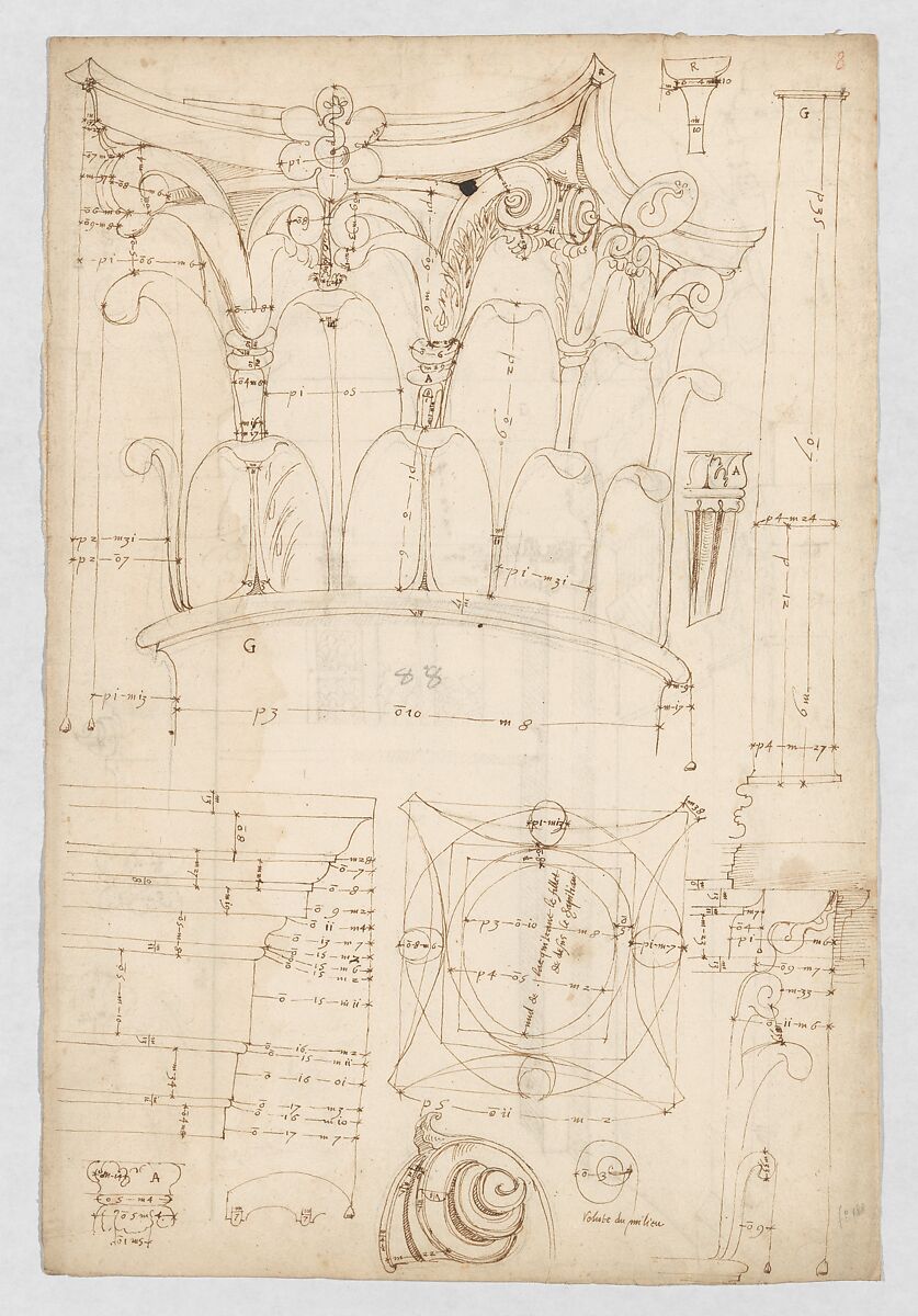 Pantheon, portico, Corinthian column capital, projection, plan, and details; column shaft, profile; beam architrave, elevation (recto) Pantheon, cella, perspective, details; vault, details; portal, interior, cornice, profile (verso), Anonymous, French, 16th century  French, Dark brown ink, black chalk, and incised lines