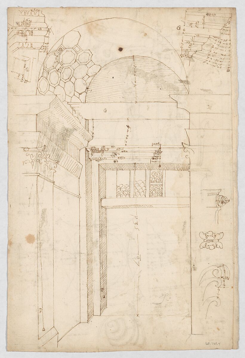 Pantheon, portico, Corinthian column capital, projection, plan, and details; column shaft, profile; beam architrave, elevation (recto) Pantheon, cella, perspective, details; vault, details; portal, interior, cornice, profile (verso), Drawn by Anonymous, French, 16th century, Dark brown ink, black chalk, and incised lines