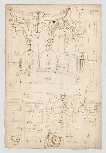 Pantheon, portico, Corinthian column capital, projection, plan, and details; column shaft, profile; beam architrave, elevation (recto) Pantheon, cella, perspective, details; vault, details; portal, interior, cornice, profile (verso)