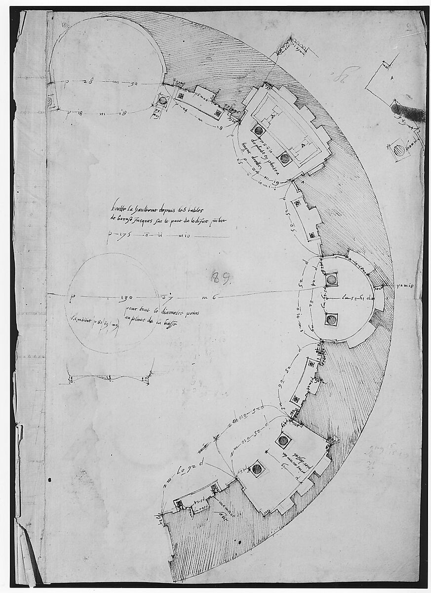 Pantheon, partial plan; details (recto) Pantheon, rectangular niche, perspective; vault, detail (verso), Drawn by Anonymous, French, 16th century, Dark brown ink, black chalk, and incised lines