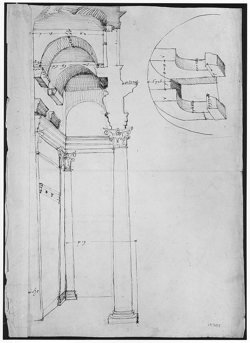 Pantheon, partial plan; details (recto) Pantheon, rectangular niche, perspective; vault, detail (verso), Drawn by Anonymous, French, 16th century, Dark brown ink, black chalk, and incised lines