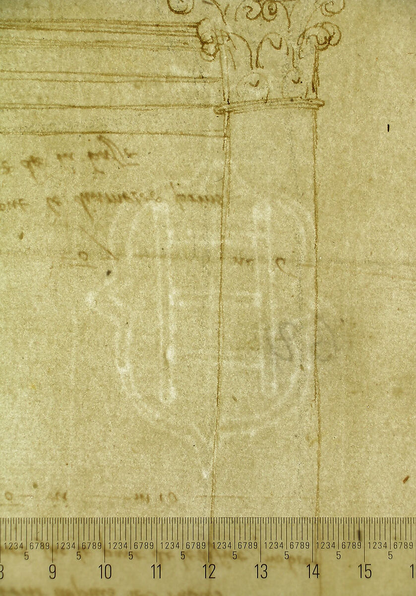 Pantheon, partial plan; details (recto) Pantheon, rectangular niche, perspective; vault, detail (verso), Drawn by Anonymous, French, 16th century, Dark brown ink, black chalk, and incised lines