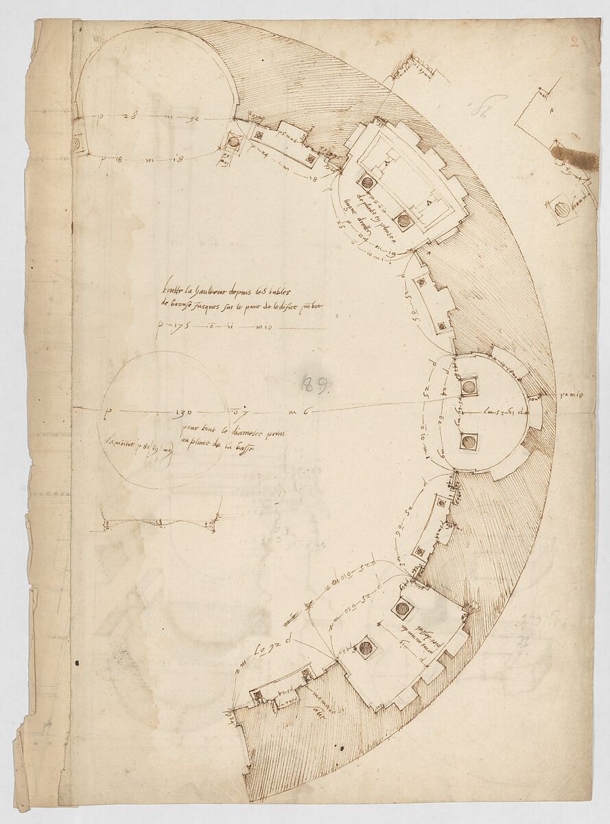 Pantheon, partial plan; details (recto) Pantheon, rectangular niche, perspective; vault, detail (verso), Drawn by Anonymous, French, 16th century, Dark brown ink, black chalk, and incised lines 