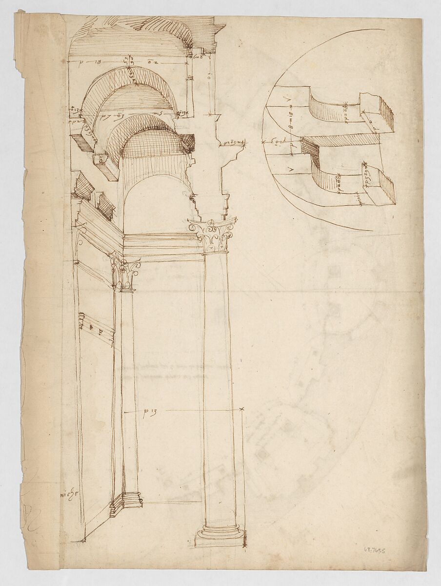 Pantheon, partial plan; details (recto) Pantheon, rectangular niche, perspective; vault, detail (verso), Drawn by Anonymous, French, 16th century, Dark brown ink, black chalk, and incised lines