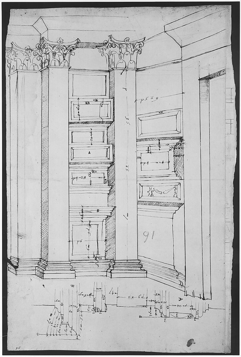 Pantheon, vestibule, perspective; panel moulding, profiles (recto) Pantheon, rectangular niche, plan; half round niche, plan (verso), Drawn by Anonymous, French, 16th century, Dark brown ink, black chalk, and incised lines