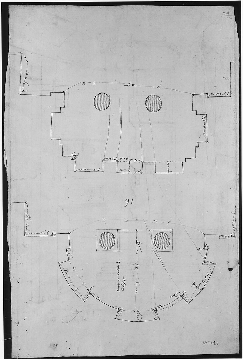 Pantheon, vestibule, perspective; panel moulding, profiles (recto) Pantheon, rectangular niche, plan; half round niche, plan (verso), Drawn by Anonymous, French, 16th century, Dark brown ink, black chalk, and incised lines