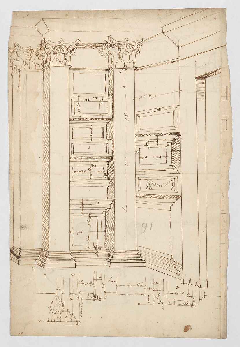 Pantheon, vestibule, perspective; panel moulding, profiles (recto) Pantheon, rectangular niche, plan; half round niche, plan (verso), Drawn by Anonymous, French, 16th century, Dark brown ink, black chalk, and incised lines 