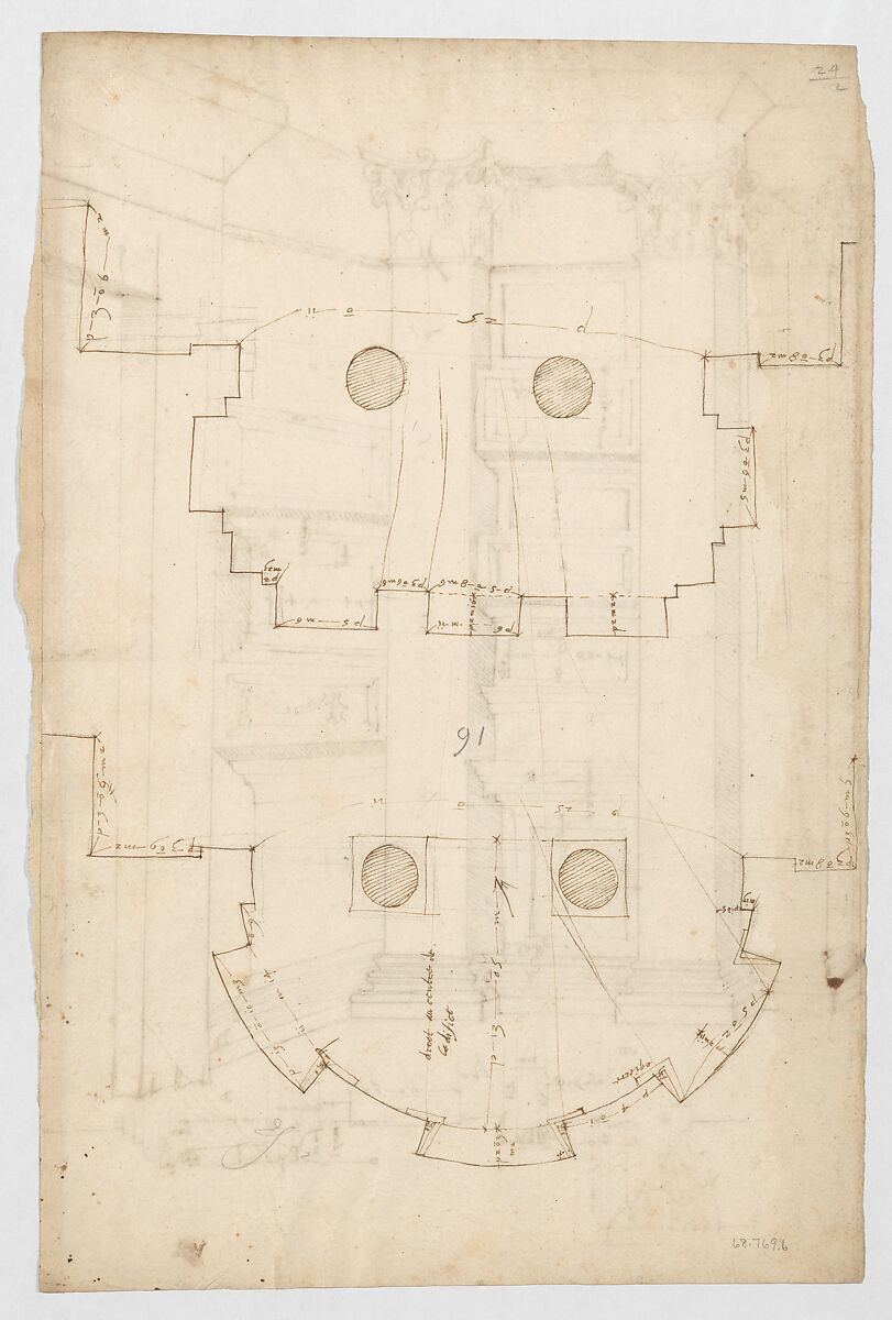 Pantheon, vestibule, perspective; panel moulding, profiles (recto) Pantheon, rectangular niche, plan; half round niche, plan (verso), Drawn by Anonymous, French, 16th century, Dark brown ink, black chalk, and incised lines