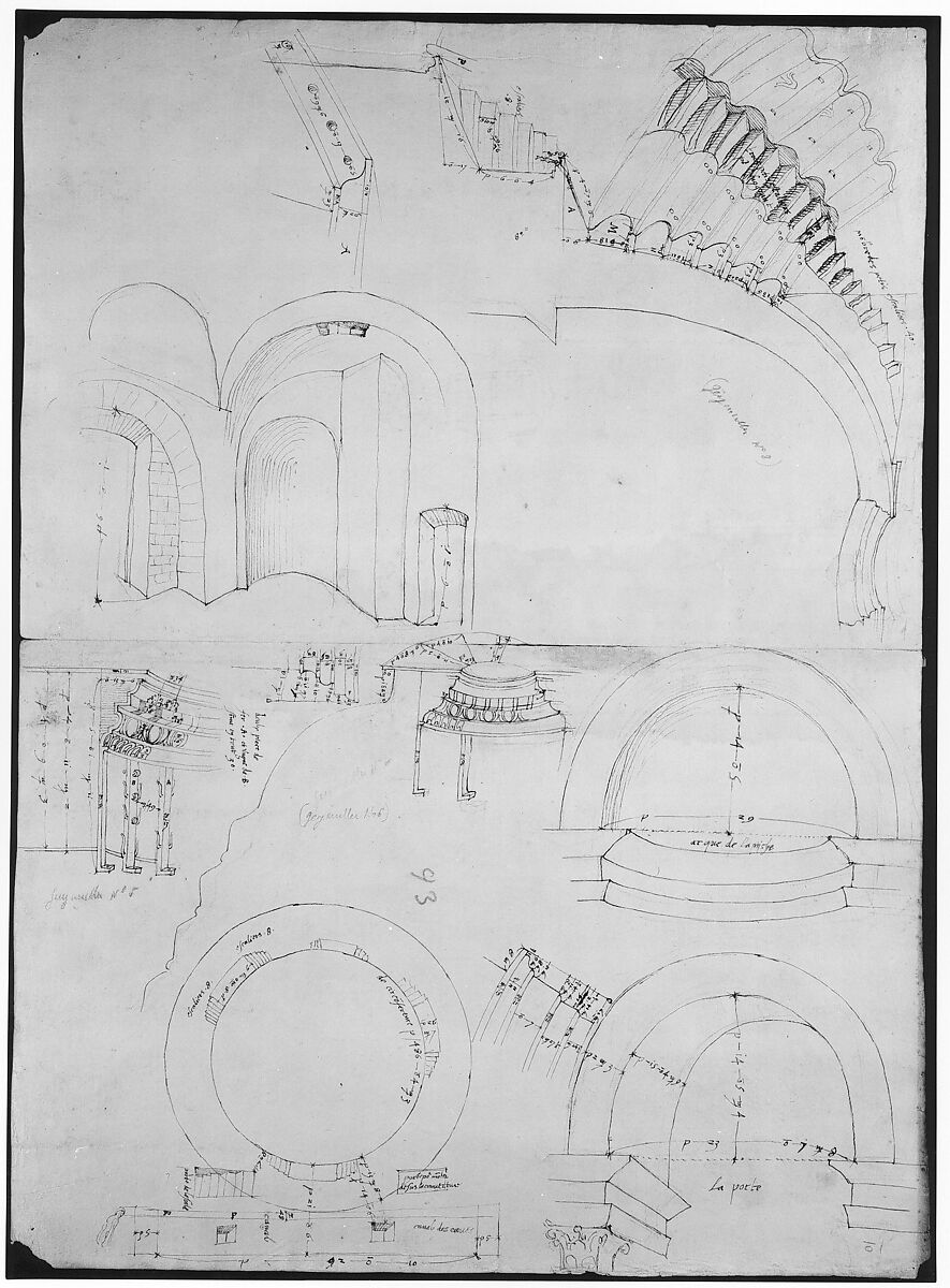 Pantheon, dome, section details; alcove, section and details (recto) Pantheon, rotonda, upper order, elevation and details (verso), Drawn by Anonymous, French, 16th century, Dark brown ink, black chalk, and incised lines