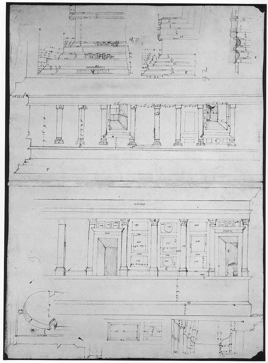 Pantheon, dome, section details; alcove, section and details (recto) Pantheon, rotonda, upper order, elevation and details (verso), Drawn by Anonymous, French, 16th century, Dark brown ink, black chalk, and incised lines