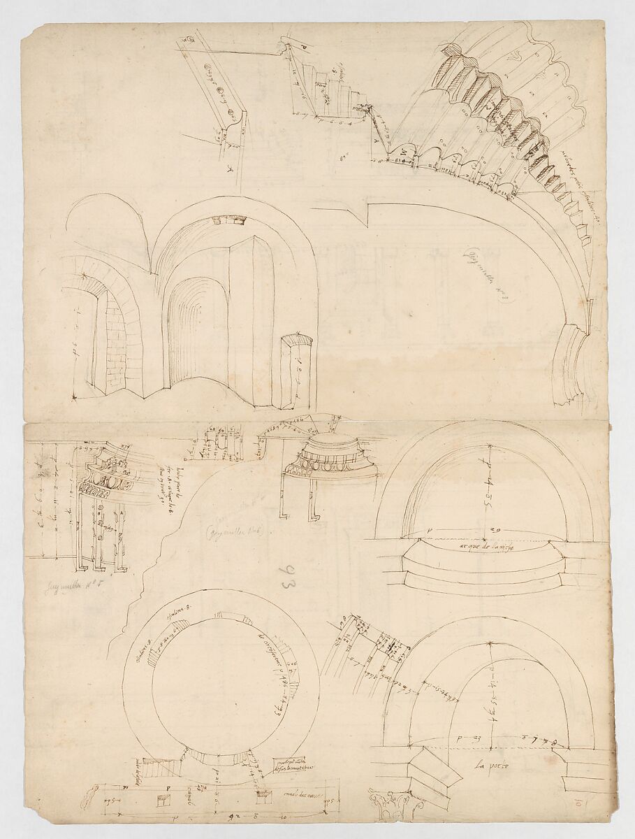 Pantheon, dome, section details; alcove, section and details (recto) Pantheon, rotonda, upper order, elevation and details (verso), Drawn by Anonymous, French, 16th century, Dark brown ink, black chalk, and incised lines 