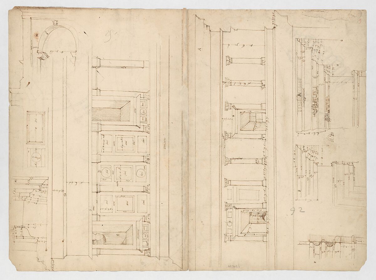 Pantheon, dome, section details; alcove, section and details (recto) Pantheon, rotonda, upper order, elevation and details (verso), Drawn by Anonymous, French, 16th century, Dark brown ink, black chalk, and incised lines