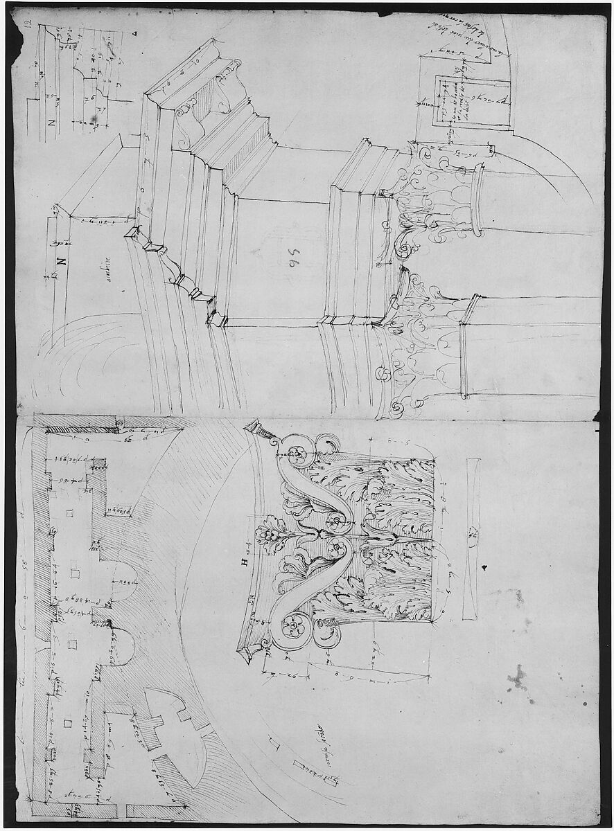 Pantheon, perspective elevation, partial plans, Corinthian pilaster capital and alcove details (recto) Pantheon, perspective sections, alcove elevations, partial plans (verso), Drawn by Anonymous, French, 16th century, Dark brown ink, black chalk, and incised lines
