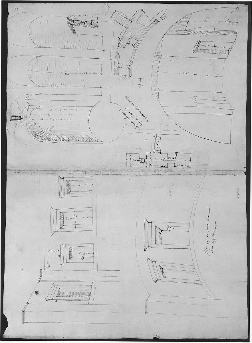 Pantheon, perspective elevation, partial plans, Corinthian pilaster capital and alcove details (recto) Pantheon, perspective sections, alcove elevations, partial plans (verso), Drawn by Anonymous, French, 16th century, Dark brown ink, black chalk, and incised lines