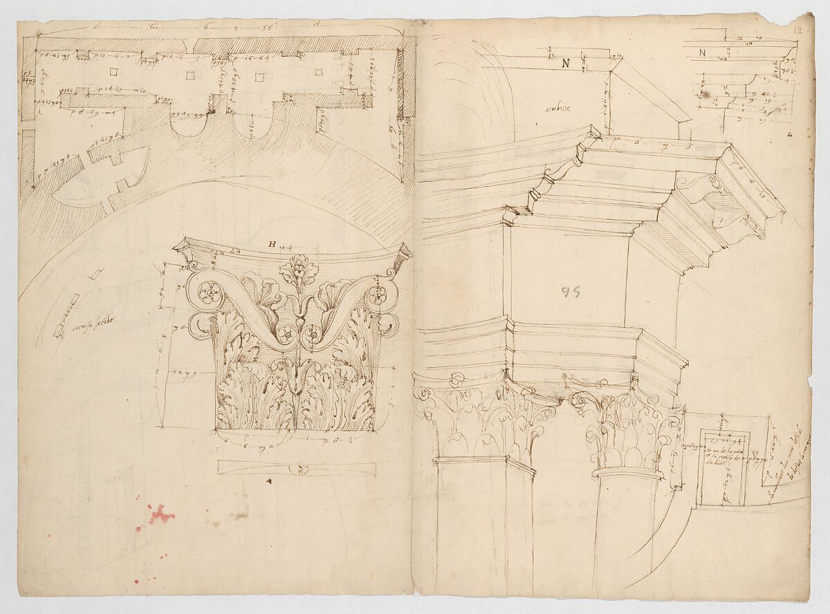 Pantheon, perspective elevation, partial plans, Corinthian pilaster capital and alcove details (recto) Pantheon, perspective sections, alcove elevations, partial plans (verso), Drawn by Anonymous, French, 16th century, Dark brown ink, black chalk, and incised lines 