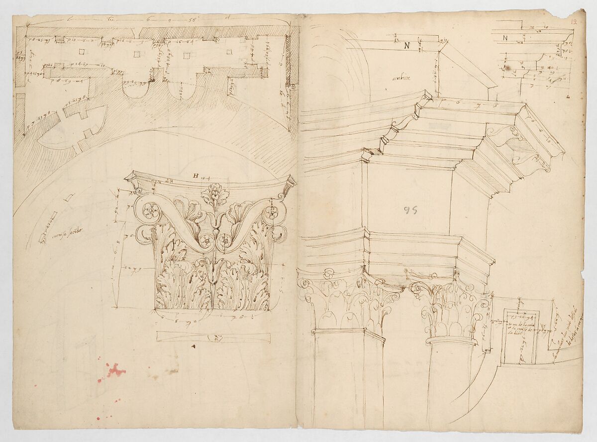 Pantheon, perspective elevation, partial plans, Corinthian pilaster capital and alcove details (recto) Pantheon, perspective sections, alcove elevations, partial plans (verso), Anonymous, French, 16th century  French, Dark brown ink, black chalk, and incised lines