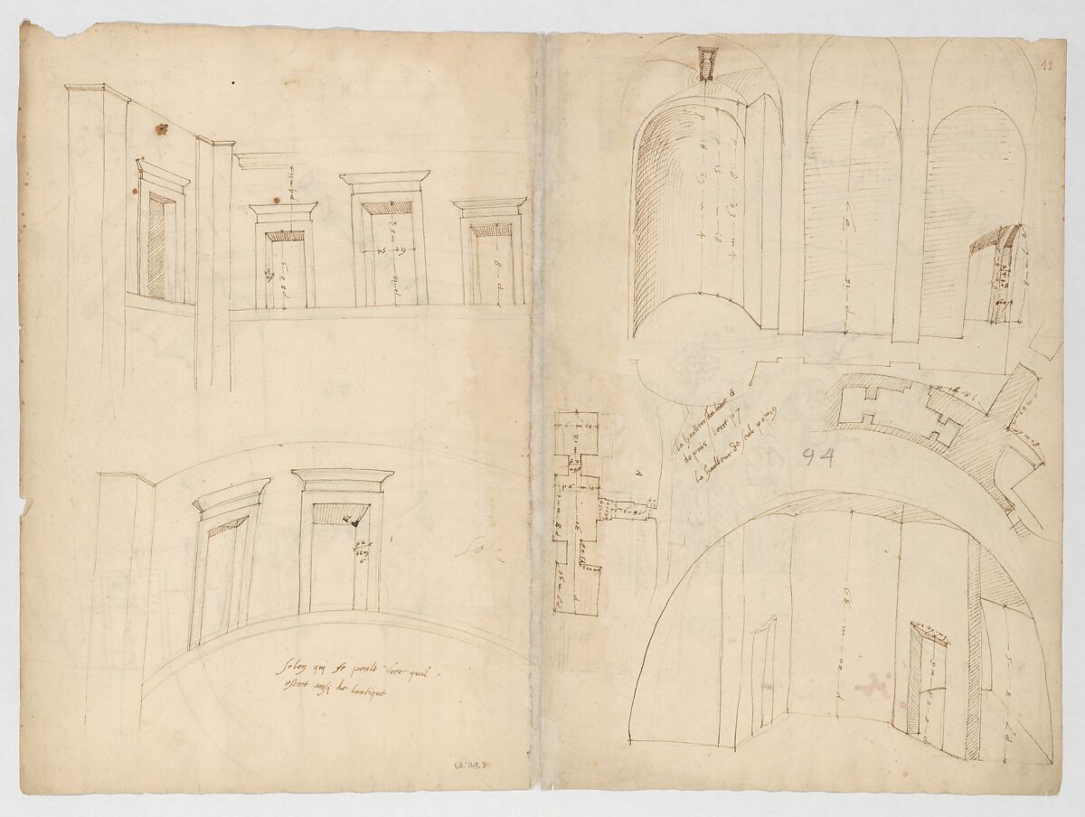 Pantheon, perspective elevation, partial plans, Corinthian pilaster capital and alcove details (recto) Pantheon, perspective sections, alcove elevations, partial plans (verso), Drawn by Anonymous, French, 16th century, Dark brown ink, black chalk, and incised lines