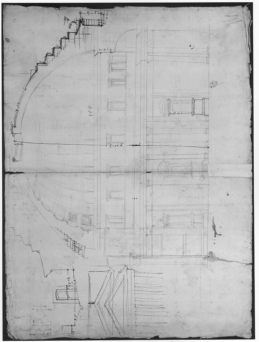 Pantheon, section (recto) Pantheon, capital, elevation; capital, details, Drawn by Anonymous, French, 16th century, Dark brown ink, black chalk, and incised lines