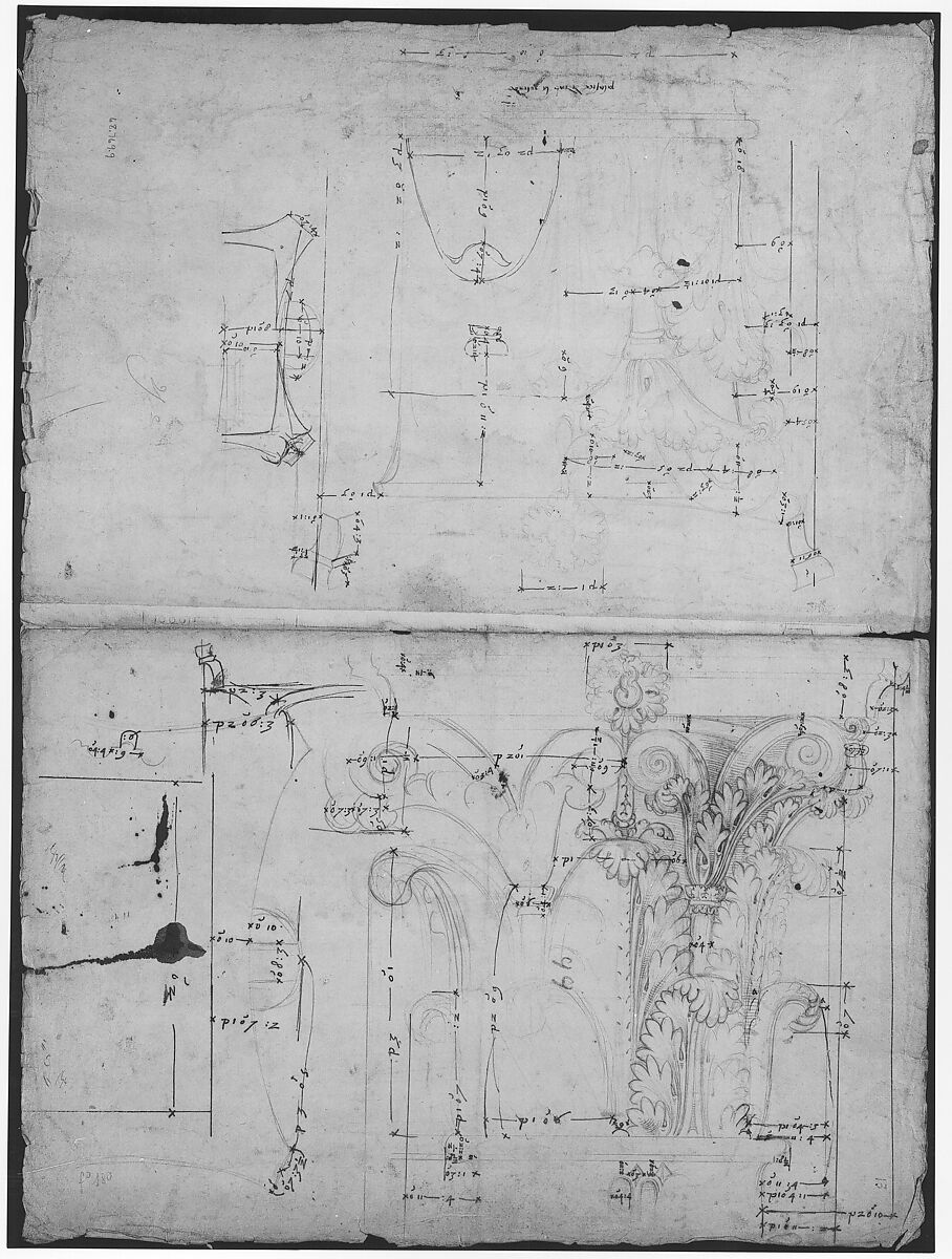 Pantheon, section (recto) Pantheon, capital, elevation; capital, details, Drawn by Anonymous, French, 16th century, Dark brown ink, black chalk, and incised lines