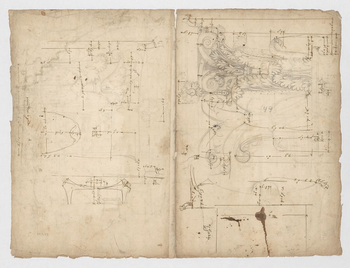 Pantheon, section (recto) Pantheon, capital, elevation; capital, details, Drawn by Anonymous, French, 16th century, Dark brown ink, black chalk, and incised lines