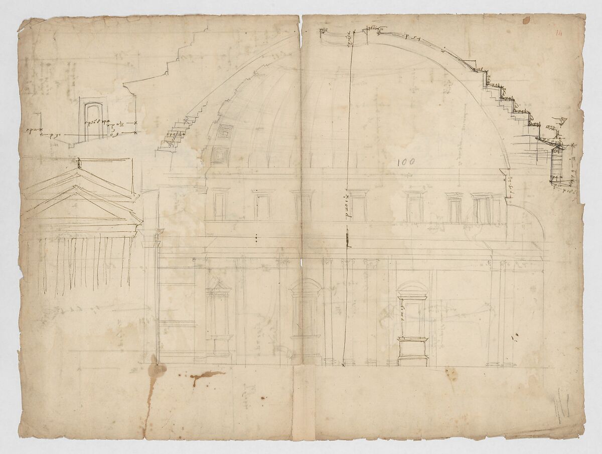 Pantheon, section (recto) Pantheon, capital, elevation; capital, details, Drawn by Anonymous, French, 16th century, Dark brown ink, black chalk, and incised lines 