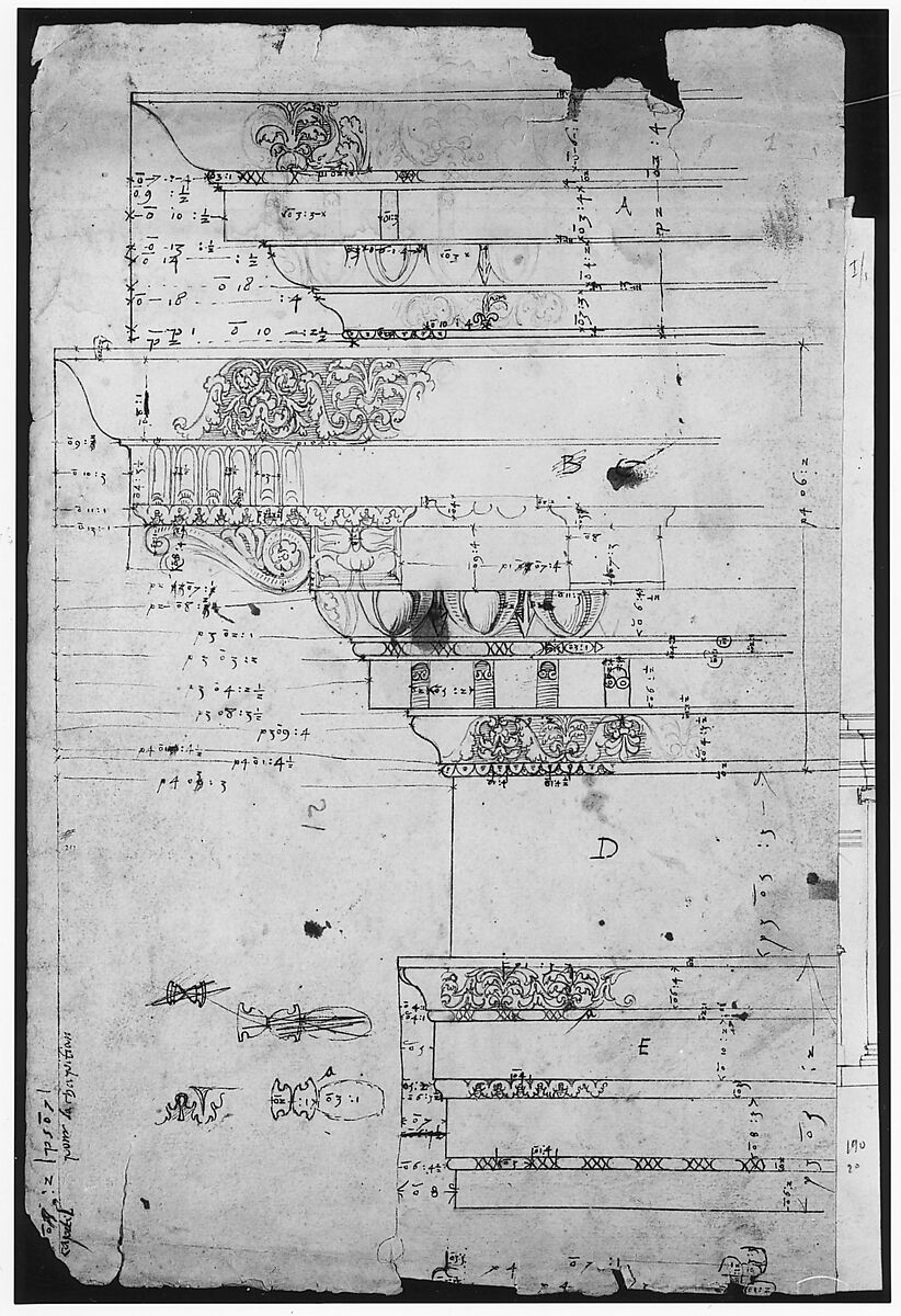 Forum of Nerva, entablature, elevation; cornice, elevation (recto) Forum of Nerva, architrave panel, ceiling plan, Corinthian, capital (verso), Drawn by Anonymous, French, 16th century, Dark brown ink, black chalk, and incised lines