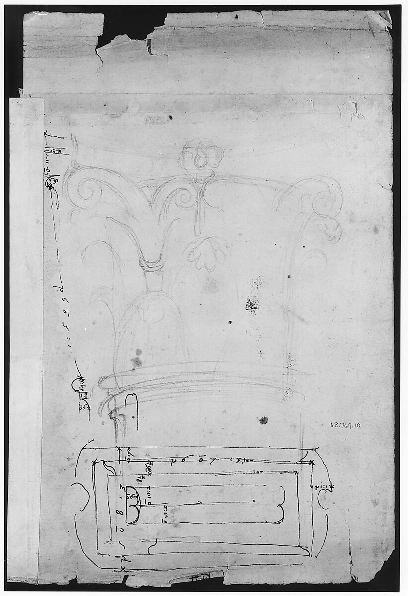 Forum of Nerva, entablature, elevation; cornice, elevation (recto) Forum of Nerva, architrave panel, ceiling plan, Corinthian, capital (verso), Drawn by Anonymous, French, 16th century, Dark brown ink, black chalk, and incised lines