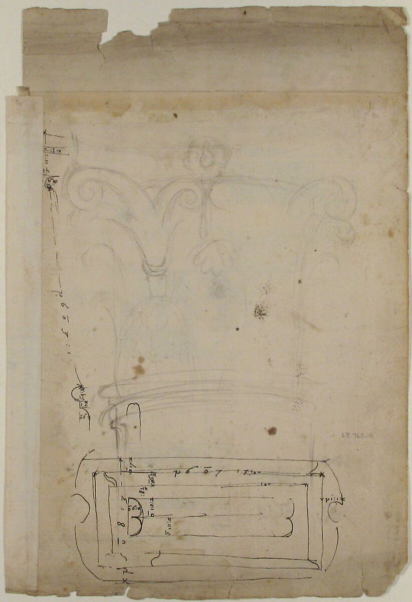Forum of Nerva, entablature, elevation; cornice, elevation (recto) Forum of Nerva, architrave panel, ceiling plan, Corinthian, capital (verso), Drawn by Anonymous, French, 16th century, Dark brown ink, black chalk, and incised lines