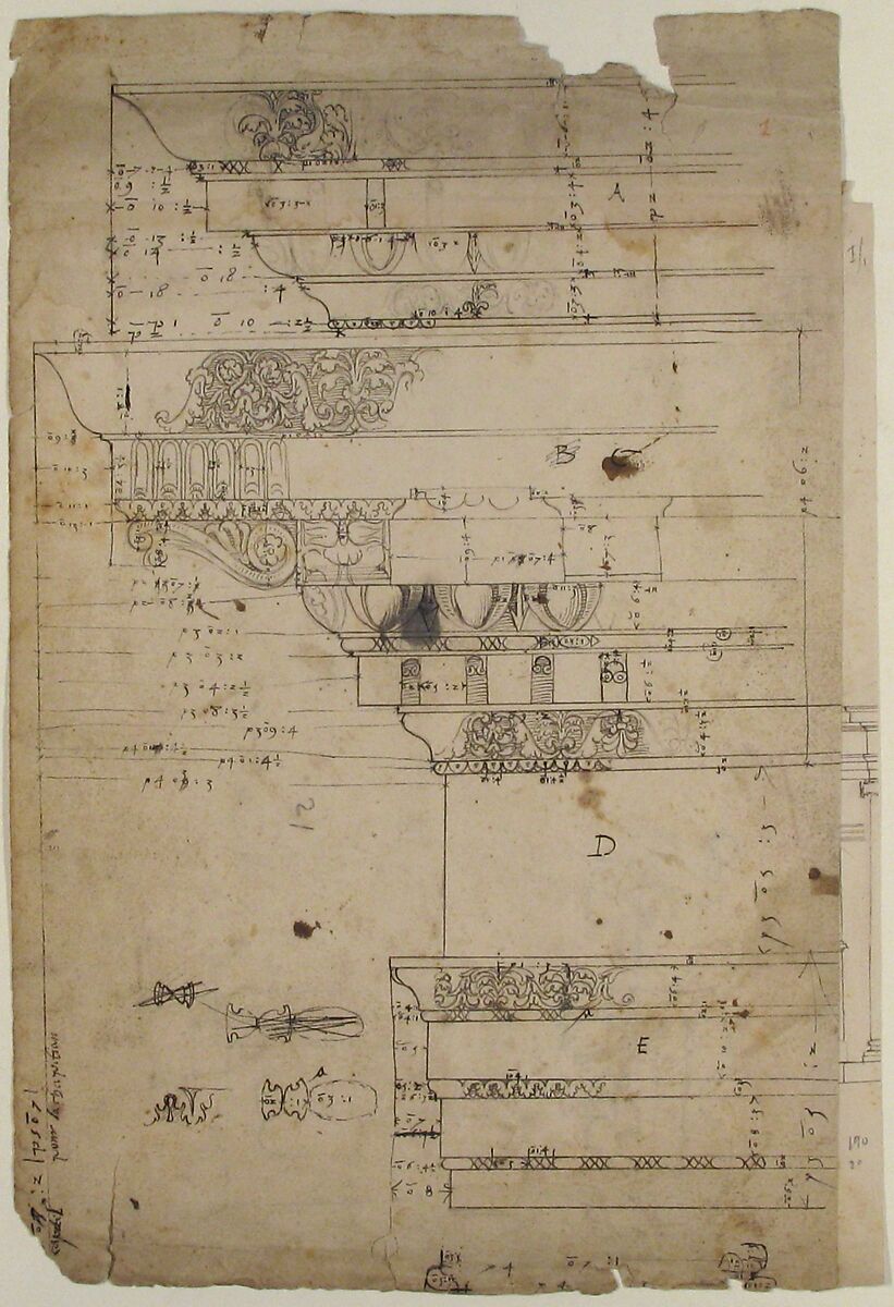 Forum of Nerva, entablature, elevation; cornice, elevation (recto) Forum of Nerva, architrave panel, ceiling plan, Corinthian, capital (verso), Drawn by Anonymous, French, 16th century, Dark brown ink, black chalk, and incised lines