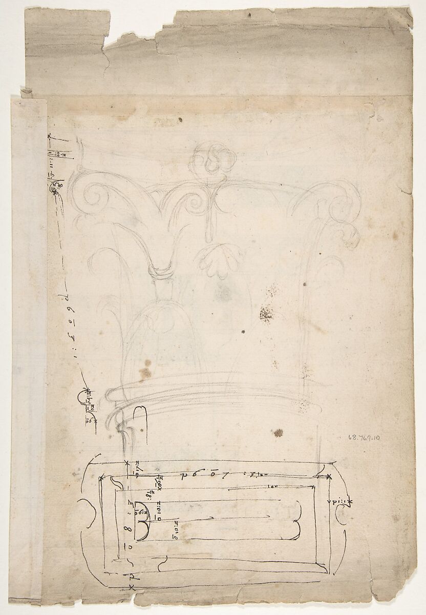 Forum of Nerva, entablature, elevation; cornice, elevation (recto) Forum of Nerva, architrave panel, ceiling plan, Corinthian, capital (verso), Drawn by Anonymous, French, 16th century, Dark brown ink, black chalk, and incised lines