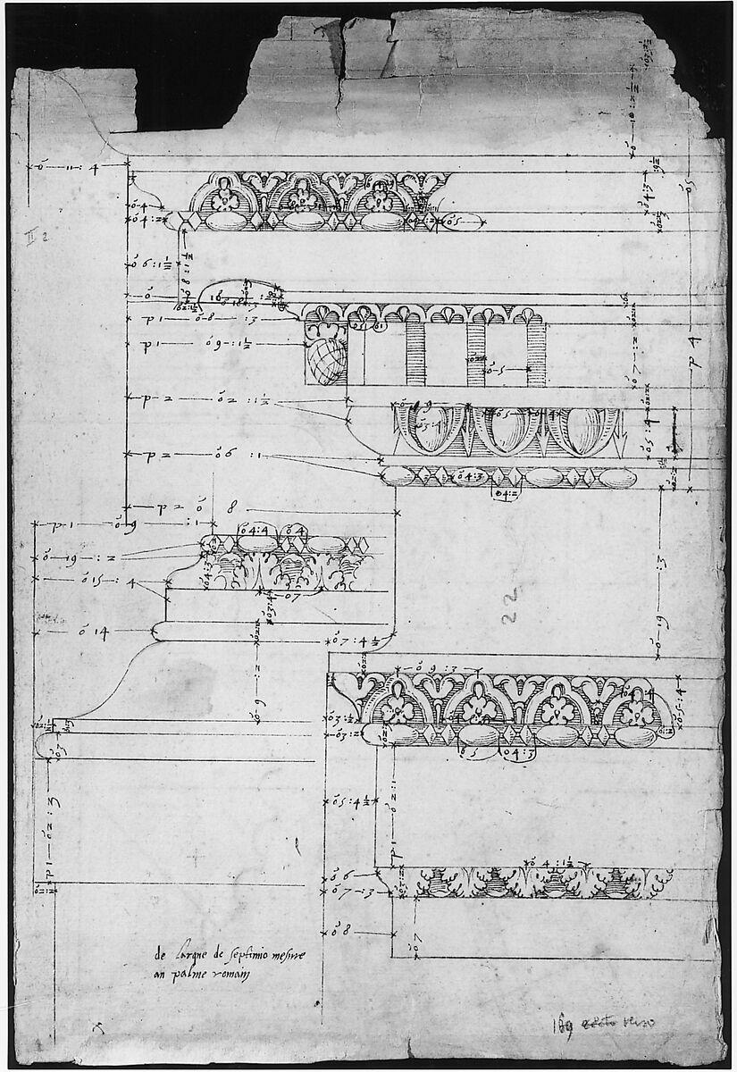 Arch of Septimius Severus, entablature, elevation; attic, base, elevation (recto) Arch of Septimius Severus, archivolt, elevation; impost, elevation; entablature, elevation; column base, elevation; column, plan (verso), Drawn by Anonymous, French, 16th century, Dark brown ink, black chalk, and incised lines